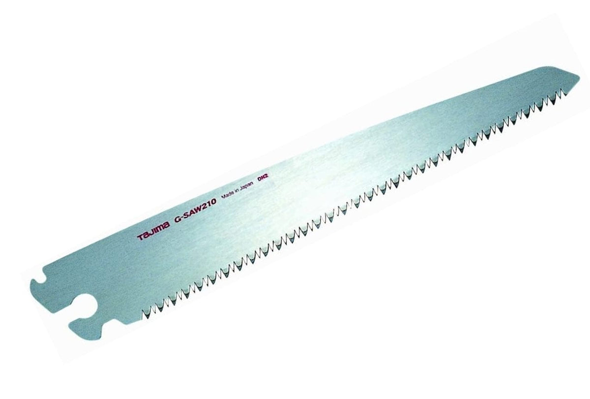 This is indeed a blade for the Tajima G-Saw 210. The red text clearly printed on the blade reads "Tajima G-SAW210" and "Made in Japan". This confirms the model and origin of the blade. It features a unique tooth pattern designed for efficient cutting, likely useful for various woodworking tasks .