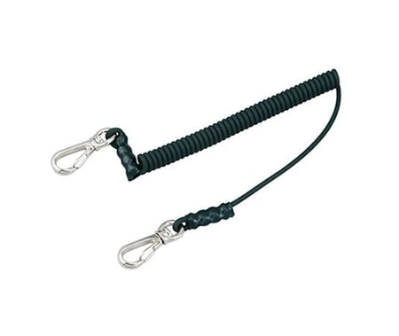 This image shows a safety tether or lanyard. It has a coiled section and two clips, likely carabiner-style, at each end. These are often used to secure tools and prevent them from being dropped, especially when working at height.