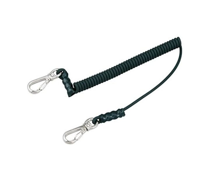 This image shows a safety tether or lanyard. It has a coiled section and two clips, likely carabiner-style, at each end. These are often used to secure tools and prevent them from being dropped, especially when working at height.
