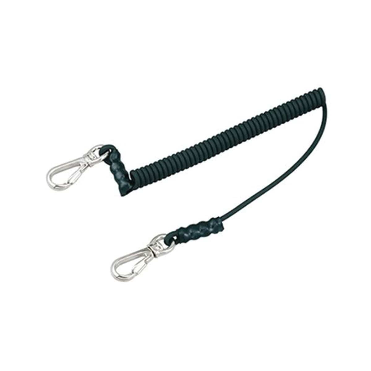 This image shows a safety tether or lanyard. It has a coiled section and two clips, likely carabiner-style, at each end. These are often used to secure tools and prevent them from being dropped, especially when working at height.