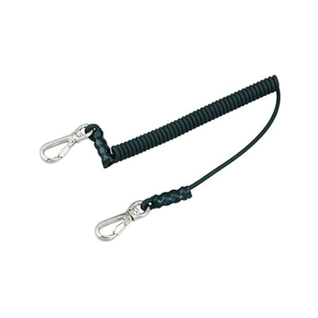 This image shows a safety tether or lanyard. It has a coiled section and two clips, likely carabiner-style, at each end. These are often used to secure tools and prevent them from being dropped, especially when working at height.