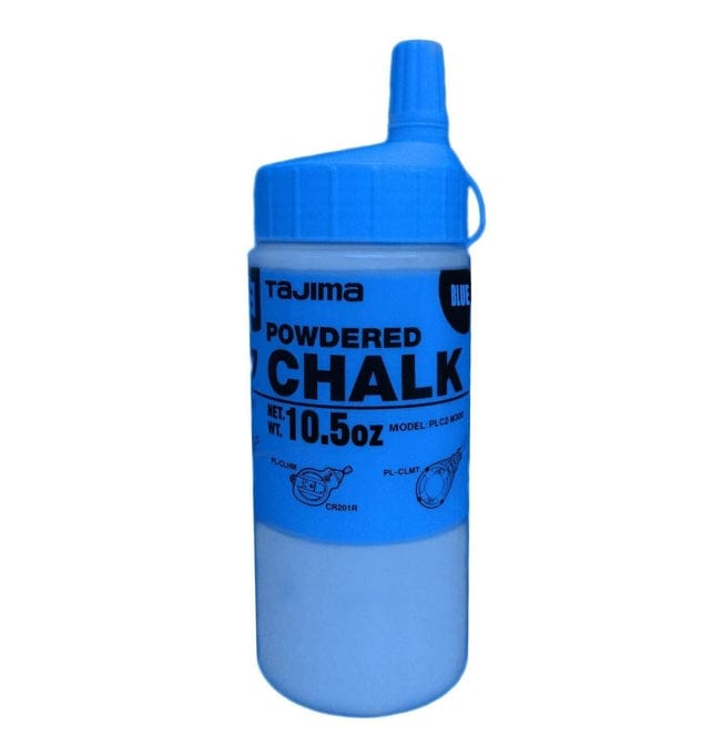 The image shows a cylindrical blue plastic bottle of Tajima powdered chalk with a screw-on cap and a nozzle for dispensing. The label prominently features the word "CHALK" in large white letters and indicates a net weight of 10.5 ounces.