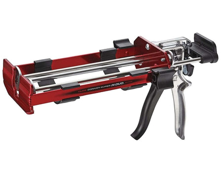 Studio view of the Tajima Convoy Super26 Duo caulk gun featuring a candy red steel carriage, dual silver thrust rods, and a polished aluminum handle against a white background.