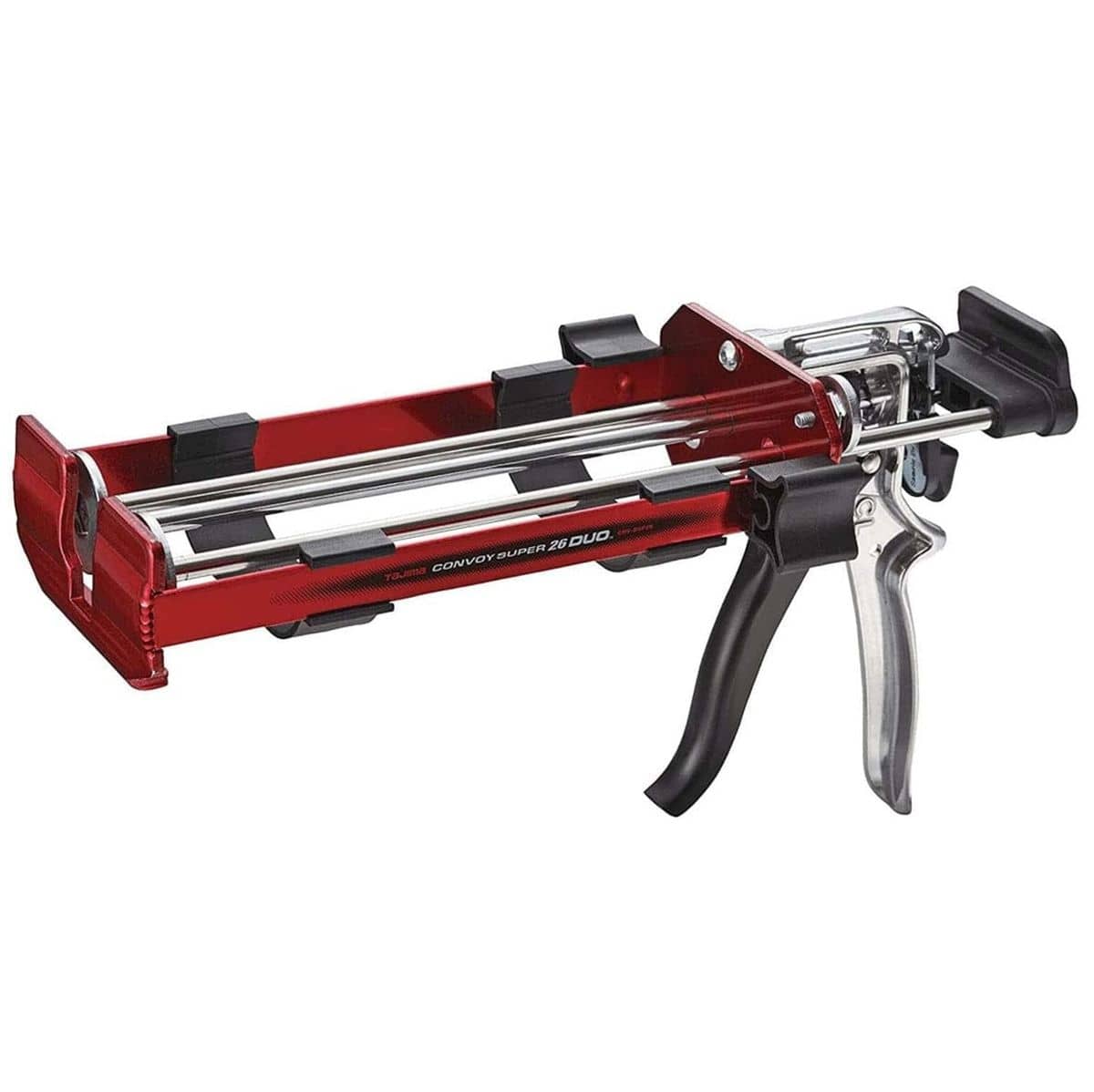 Studio view of the Tajima Convoy Super26 Duo caulk gun featuring a candy red steel carriage, dual silver thrust rods, and a polished aluminum handle against a white background.