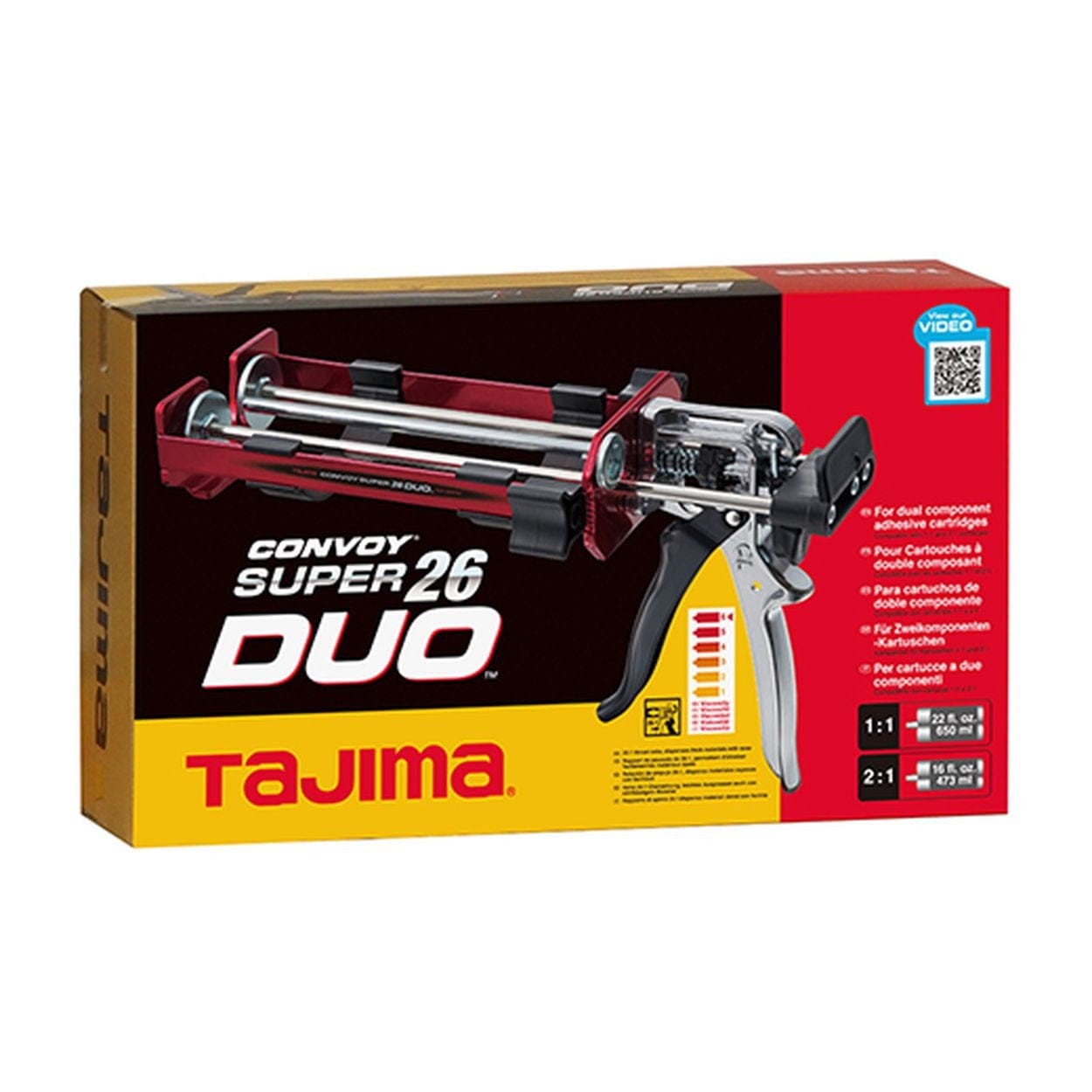 Retail box packaging for the Tajima Convoy Super 26 Duo, displaying the product name, a QR code for a video, and specifications for the 26 to 1 thrust ratio and dual component compatibility.