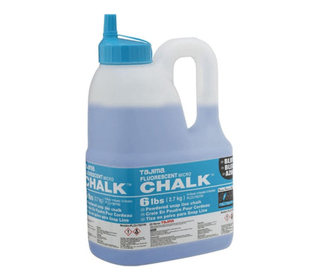 Yes, you're right! This image shows a container of Tajima Fluorescent Micro Chalk. The label clearly displays the "Tajima" brand name along with "Fluorescent Micro Chalk". This type of chalk is typically used with a chalk line reel to mark straight lines on various surfaces for construction or layout purposes. The "micro" likely refers to the fine consistency of the chalk powder.