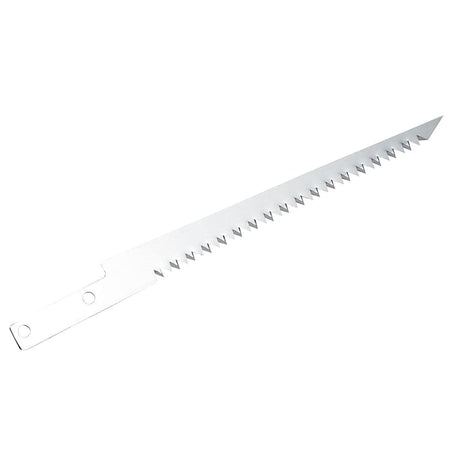 The image shows a long, slender metal blade with sharp, pointed teeth along one edge, designed for cutting. At the opposite end, there's a section with holes, indicating where it would be attached to a handle.