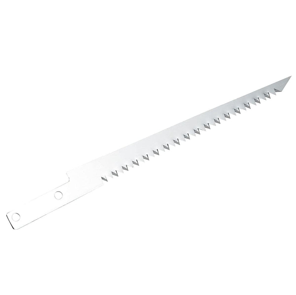 The image shows a long, slender metal blade with sharp, pointed teeth along one edge, designed for cutting. At the opposite end, there's a section with holes, indicating where it would be attached to a handle.