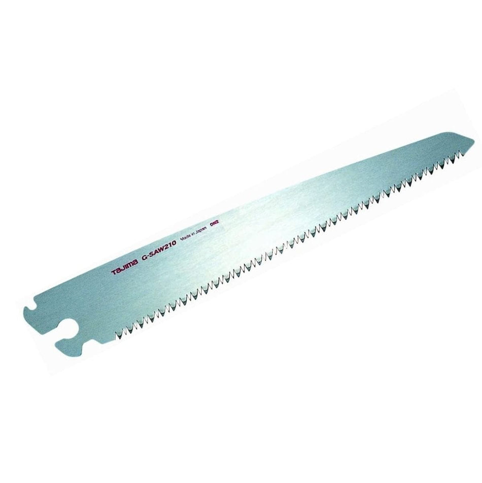 This is indeed a blade for the Tajima G-Saw 210. The red text clearly printed on the blade reads "Tajima G-SAW210" and "Made in Japan". This confirms the model and origin of the blade. It features a unique tooth pattern designed for efficient cutting, likely useful for various woodworking tasks .