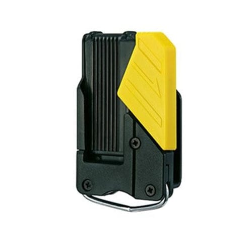 This is the Tajima SF-BHLD Safety Holder for Measuring Tape.

We can clearly see the black and yellow design, the clip mechanism, and the ring at the bottom where the safety rope (AZS-ROP) would attach. This holder is designed to securely keep your Tajima measuring tape accessible on your belt while also providing a point for tethering it, which is a smart safety feature .