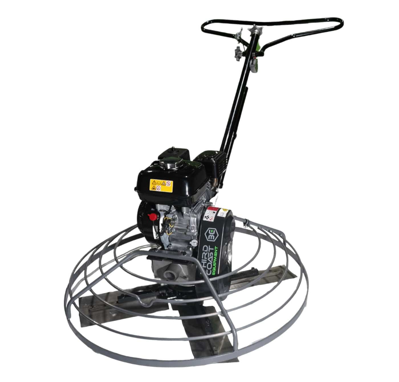 A professional studio angled view of the Third Coast Equipment CT36H walk-behind power trowel featuring a 36 inch finishing diameter, a high-performance Honda GX160 engine, and a rugged circular blade guard.