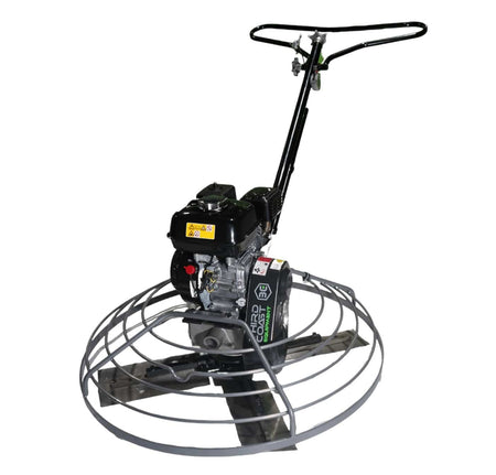 A professional studio angled view of the Third Coast Equipment CT36H walk-behind power trowel featuring a 36 inch finishing diameter, a high-performance Honda GX160 engine, and a rugged circular blade guard.