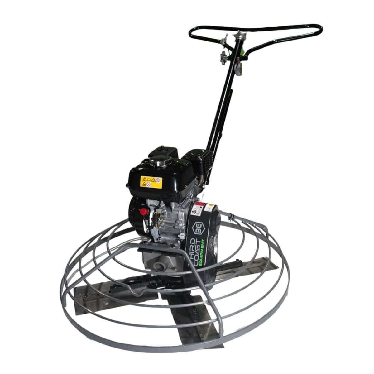 A professional studio angled view of the Third Coast Equipment CT36H walk-behind power trowel featuring a 36 inch finishing diameter, a high-performance Honda GX160 engine, and a rugged circular blade guard.