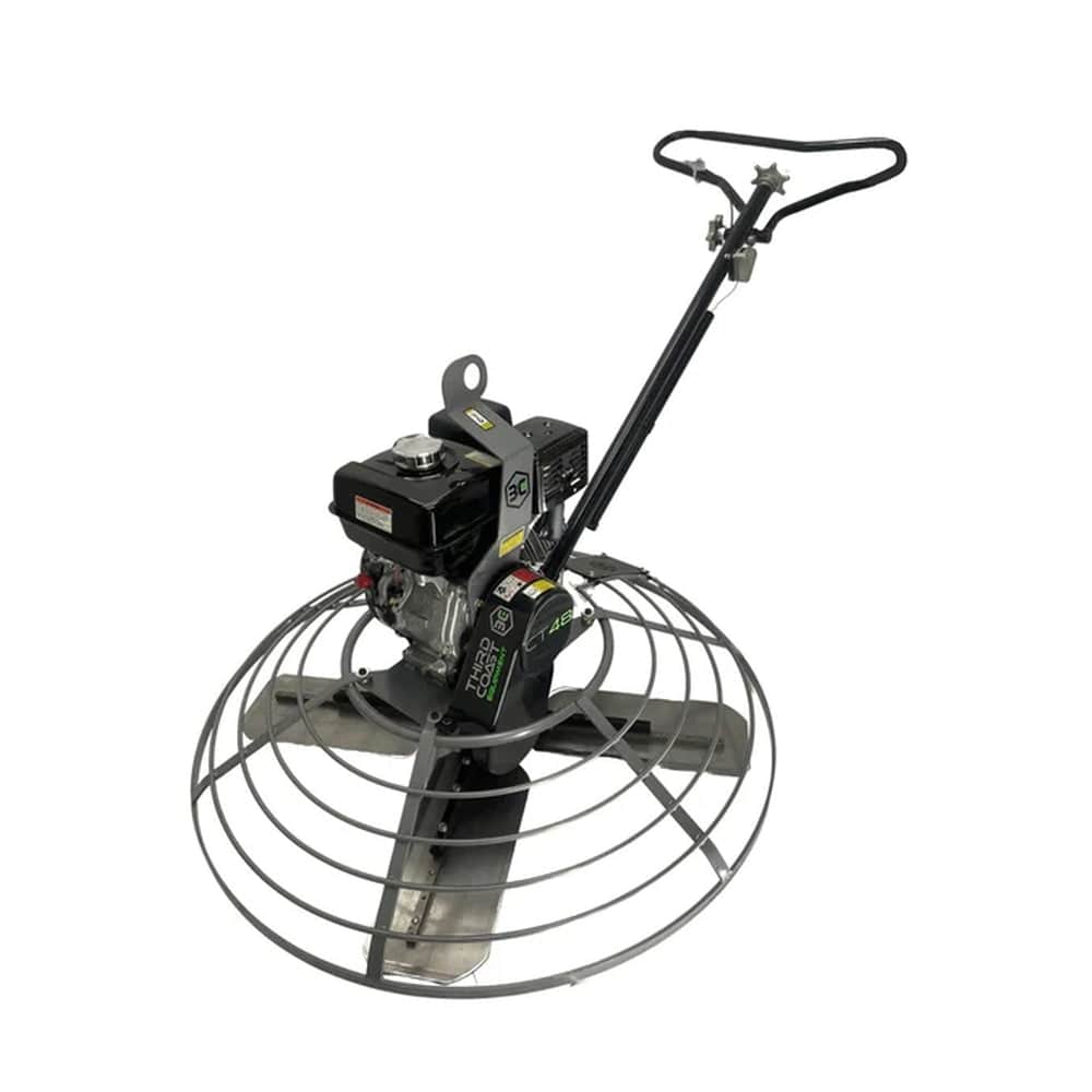 A high-angle studio shot of the CT36H concrete power trowel highlighting the center-mount lifting bale for easy transport and the precision-engineered 4-blade assembly designed for smooth industrial floor finishing.