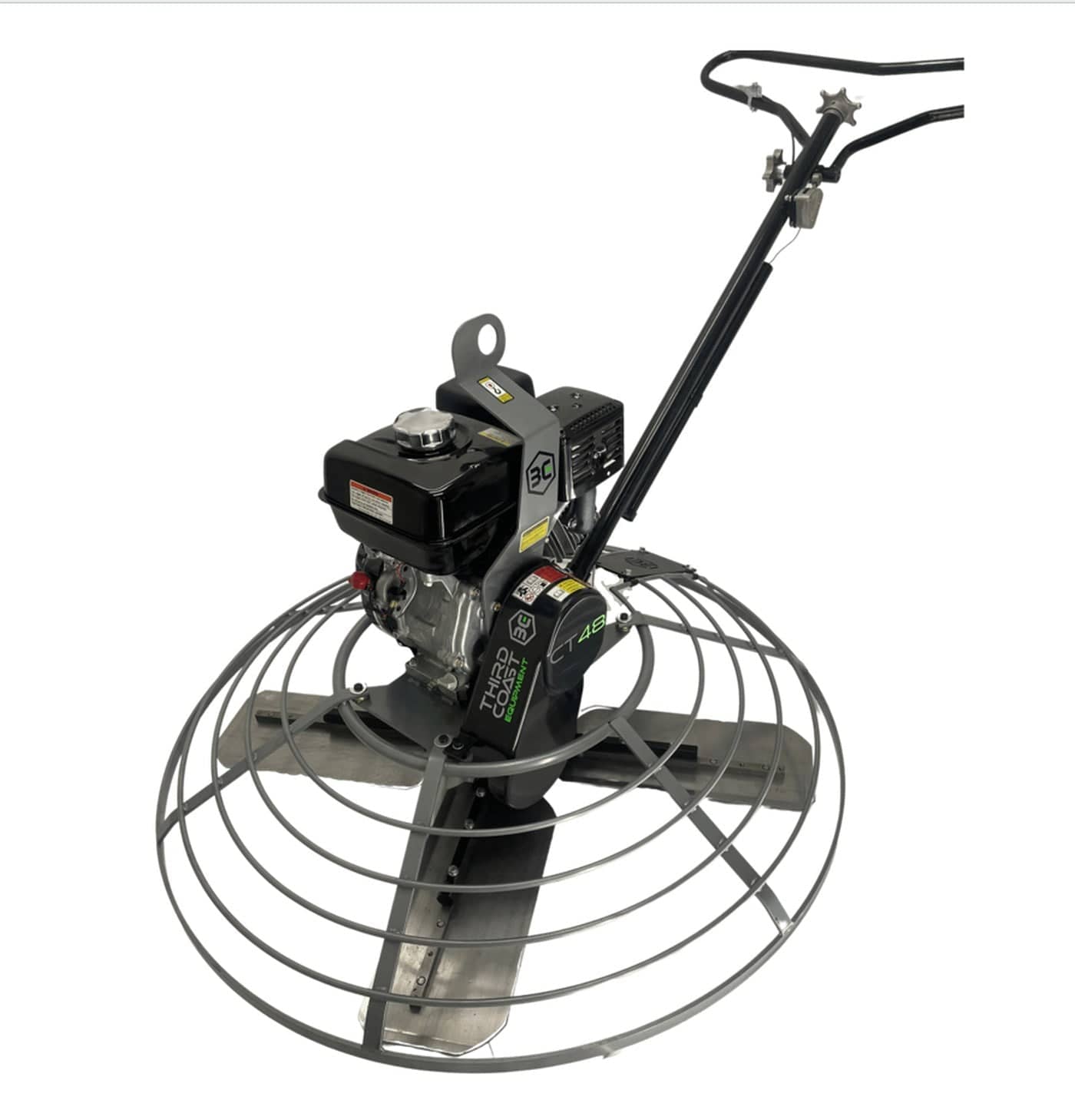 A high-angle studio shot of the Third Coast Equipment CT48H walk-behind power trowel showcasing the large 48 inch finishing diameter, high-torque Honda GX270 engine, and heavy-duty 4-blade assembly designed for industrial concrete floor finishing.