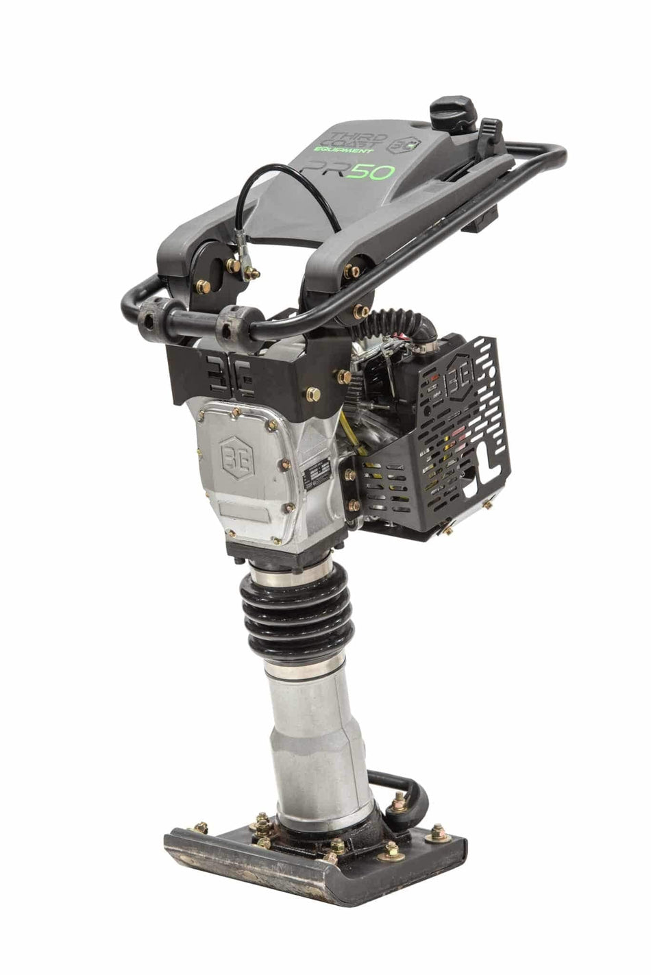 A high-angle studio shot of the Third Coast Equipment PR50H premium vibratory rammer featuring a slim profile, heavy-duty compaction shoe, and a top-mounted Honda GXR120 engine for industrial soil compaction.