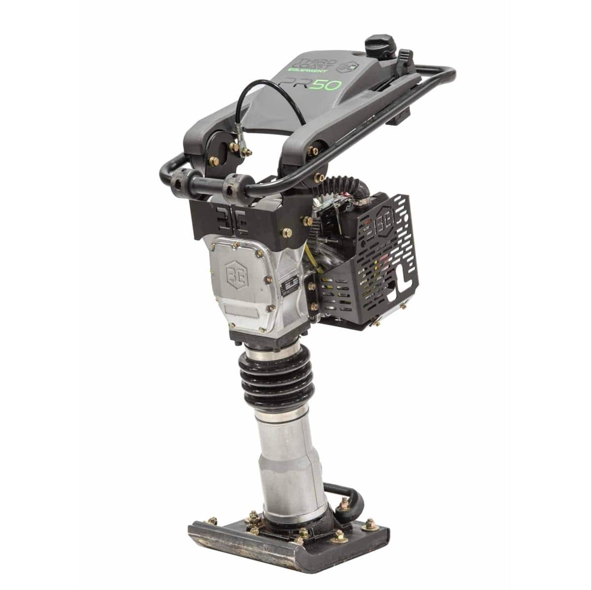 A high-angle studio shot of the Third Coast Equipment PR50H premium vibratory rammer featuring a slim profile, heavy-duty compaction shoe, and a top-mounted Honda GXR120 engine for industrial soil compaction.