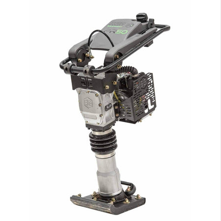 A high-angle studio shot of the Third Coast Equipment PR50H premium vibratory rammer featuring a slim profile, heavy-duty compaction shoe, and a top-mounted Honda GXR120 engine for industrial soil compaction.