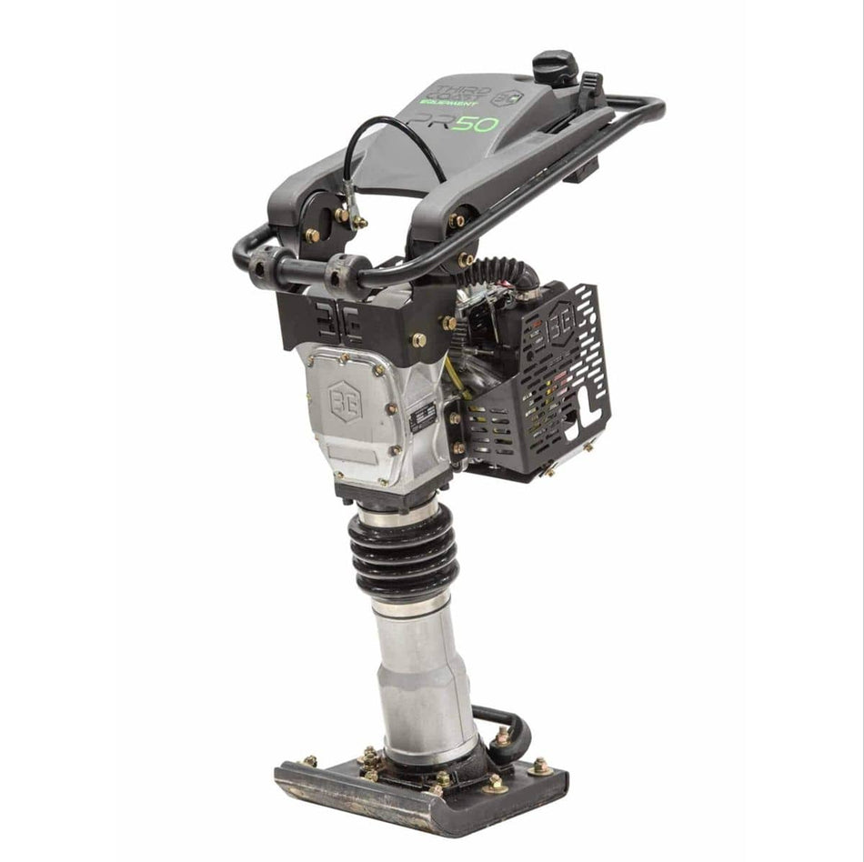 A high-angle studio shot of the Third Coast Equipment PR50H premium vibratory rammer featuring a slim profile, heavy-duty compaction shoe, and a top-mounted Honda GXR120 engine for industrial soil compaction.