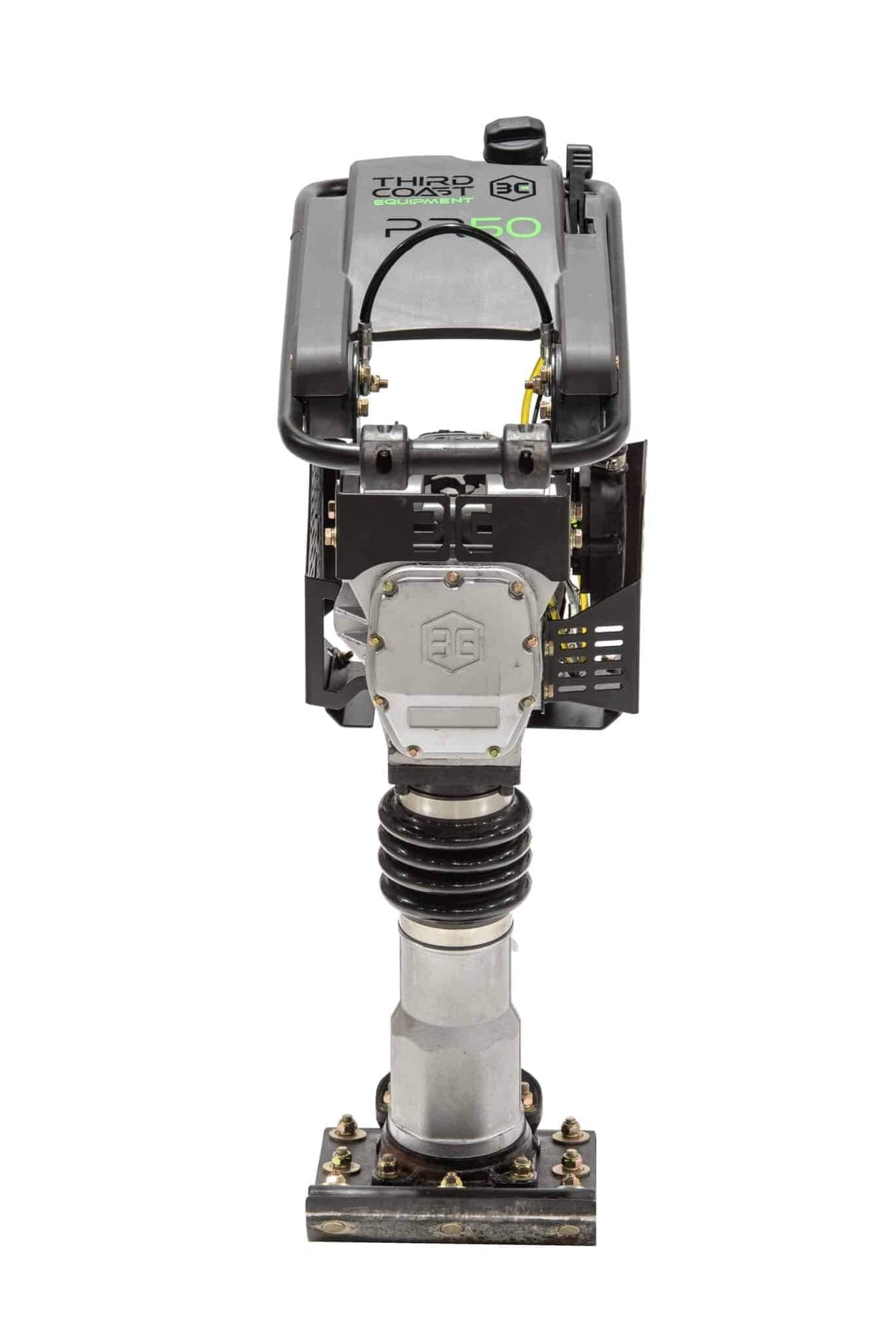 A direct front view of the PR50H jumping jack compactor highlighting the rugged steel engine guarding, ergonomic handle design, and high-durability 10 by 13 inch compaction shoe.