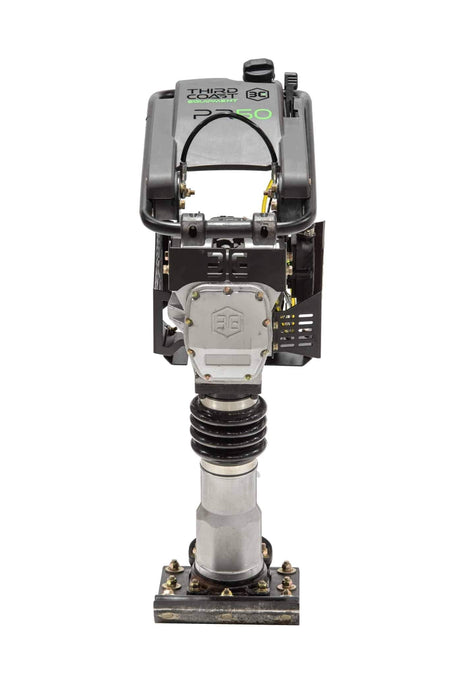 A direct front view of the PR50H jumping jack compactor highlighting the rugged steel engine guarding, ergonomic handle design, and high-durability 10 by 13 inch compaction shoe.