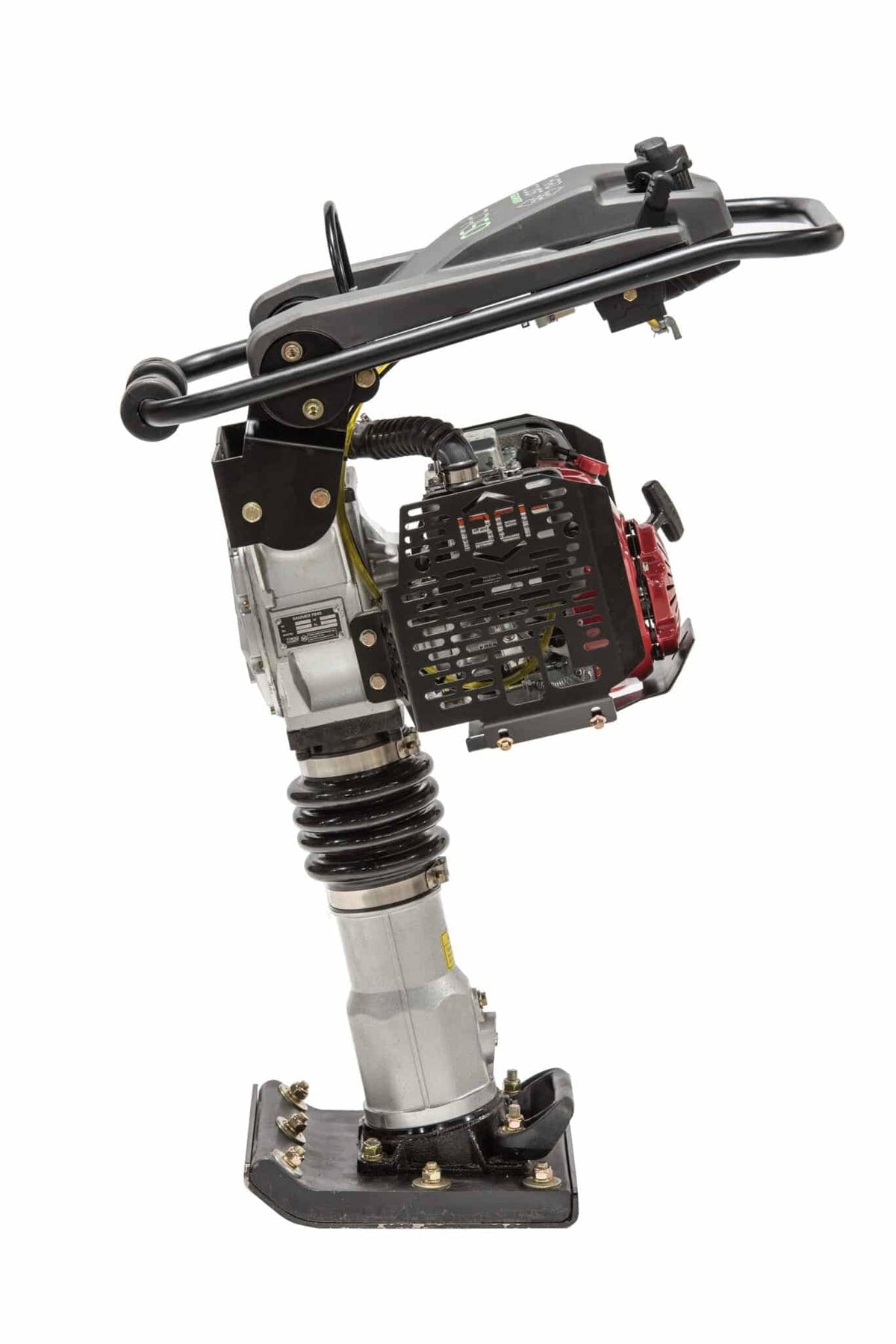 A side profile of the Third Coast Equipment vibratory rammer showcasing the frame-integrated aircraft-grade lifting cable and the robust vertical bellows assembly designed for high-impact force performance.