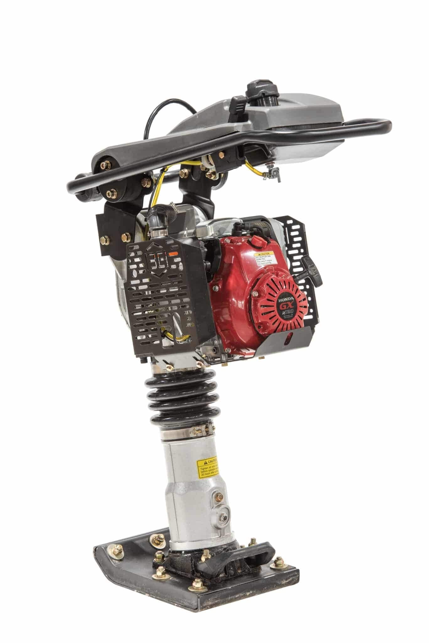 A rear angled view of the PR50H rammer emphasizing the easy-access fuel tank and the specialized Honda GXR120 engine built to withstand continuous high-vibration earthwork applications.