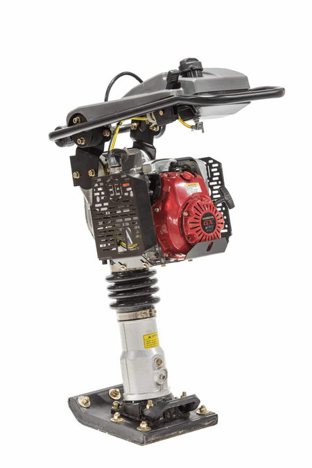 A rear angled view of the PR50H rammer emphasizing the easy-access fuel tank and the specialized Honda GXR120 engine built to withstand continuous high-vibration earthwork applications.