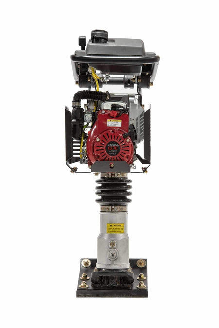 A direct rear view of the jumping jack compactor showing the streamlined balance of the machine and the dual-stage air filtration system used for maximum engine protection in dusty job site conditions.