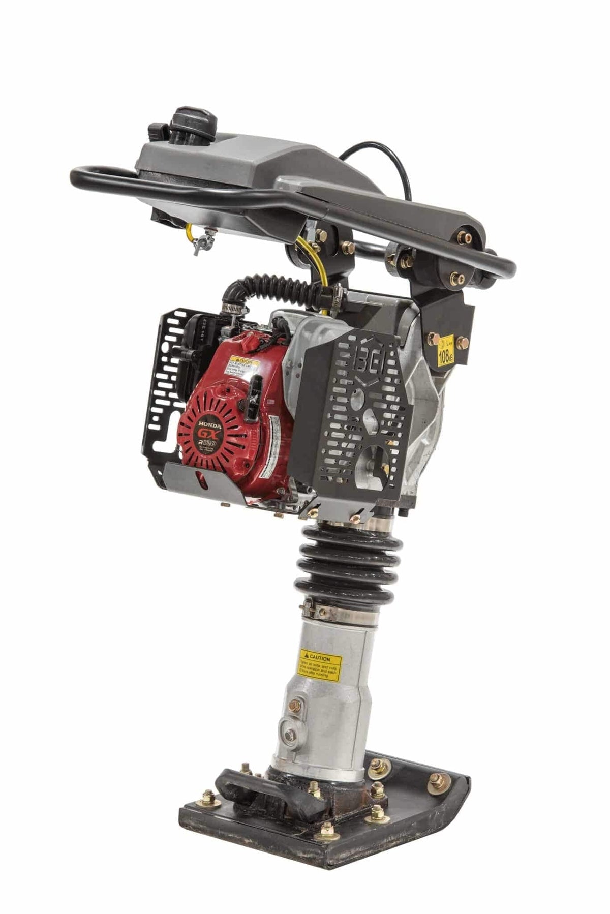 A detailed view of the engine compartment on the PR50H premium rammer, showcasing the protective steel side guards and the high-output Honda GXR120 4 HP motor.