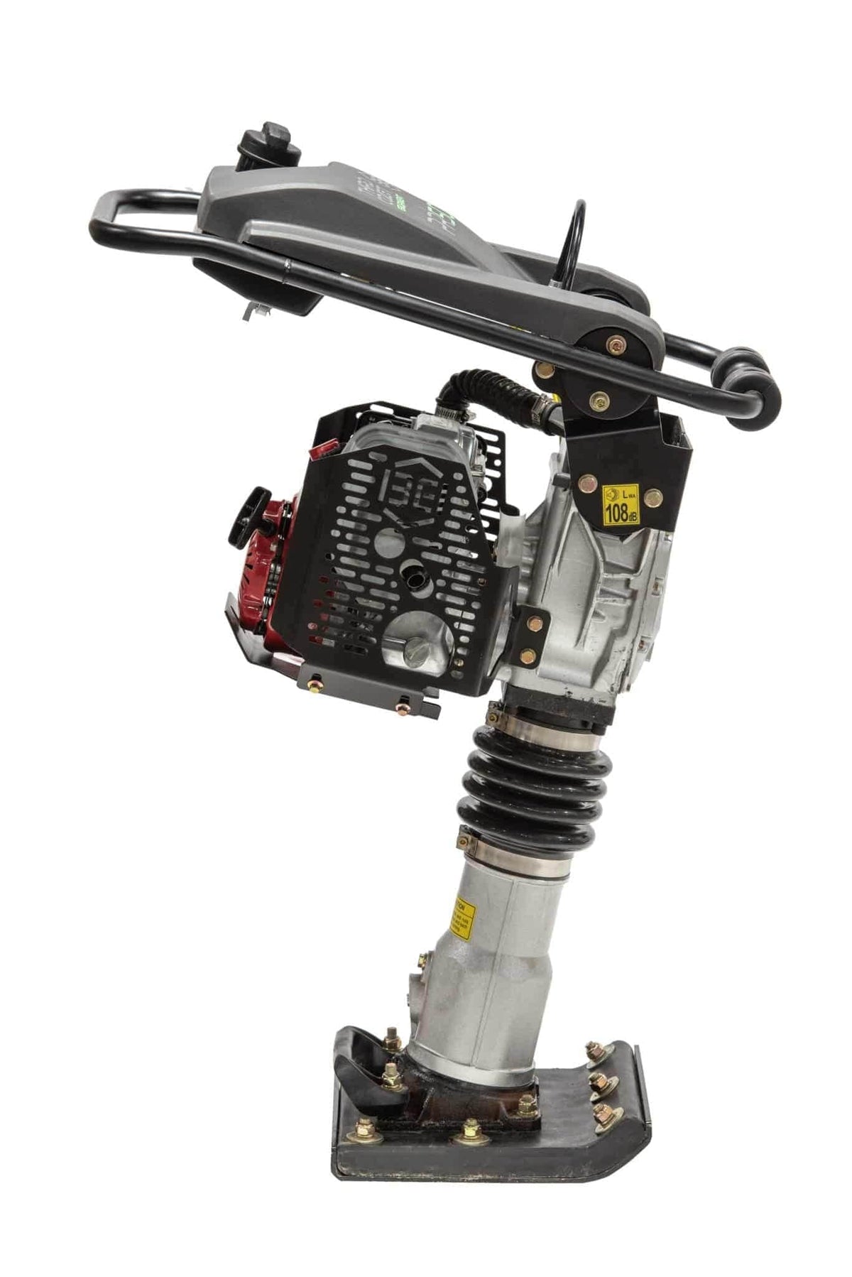 The opposite side profile of the vibratory rammer highlighting the secure vibration isolation mounts and the compact 13.6 inch width optimized for deep trench and confined space earthwork.