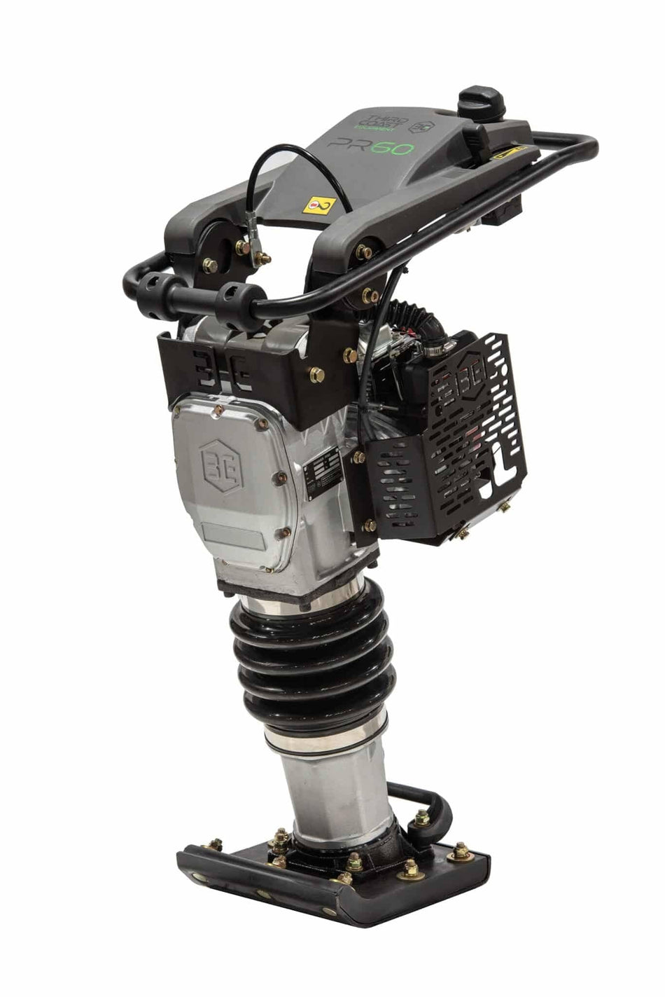 A high-angle studio shot of the Third Coast Equipment PR60H premium vibratory rammer featuring a slim profile, heavy-duty compaction shoe, and a top-mounted Honda GXR120 engine for industrial soil compaction.