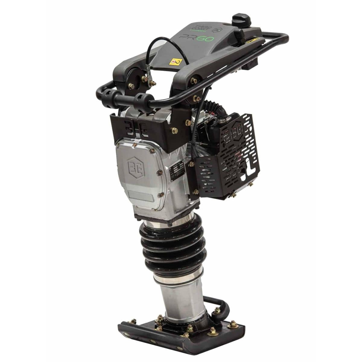 A high-angle studio shot of the Third Coast Equipment PR60H premium vibratory rammer featuring a slim profile, heavy-duty compaction shoe, and a top-mounted Honda GXR120 engine for industrial soil compaction.