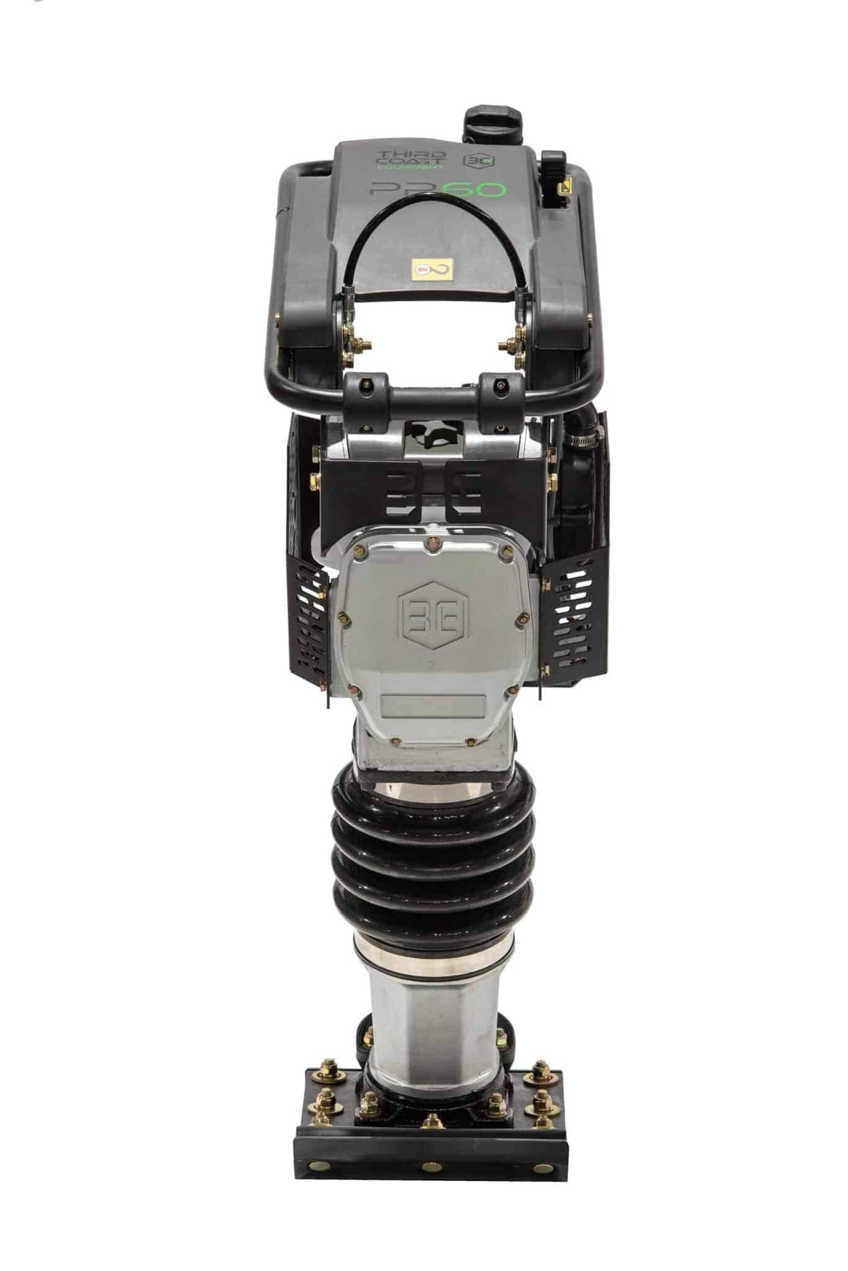 A direct front view of the PR60H jumping jack compactor highlighting the rugged steel engine guarding, ergonomic handle design, and high-durability 11 by 13 inch compaction shoe.