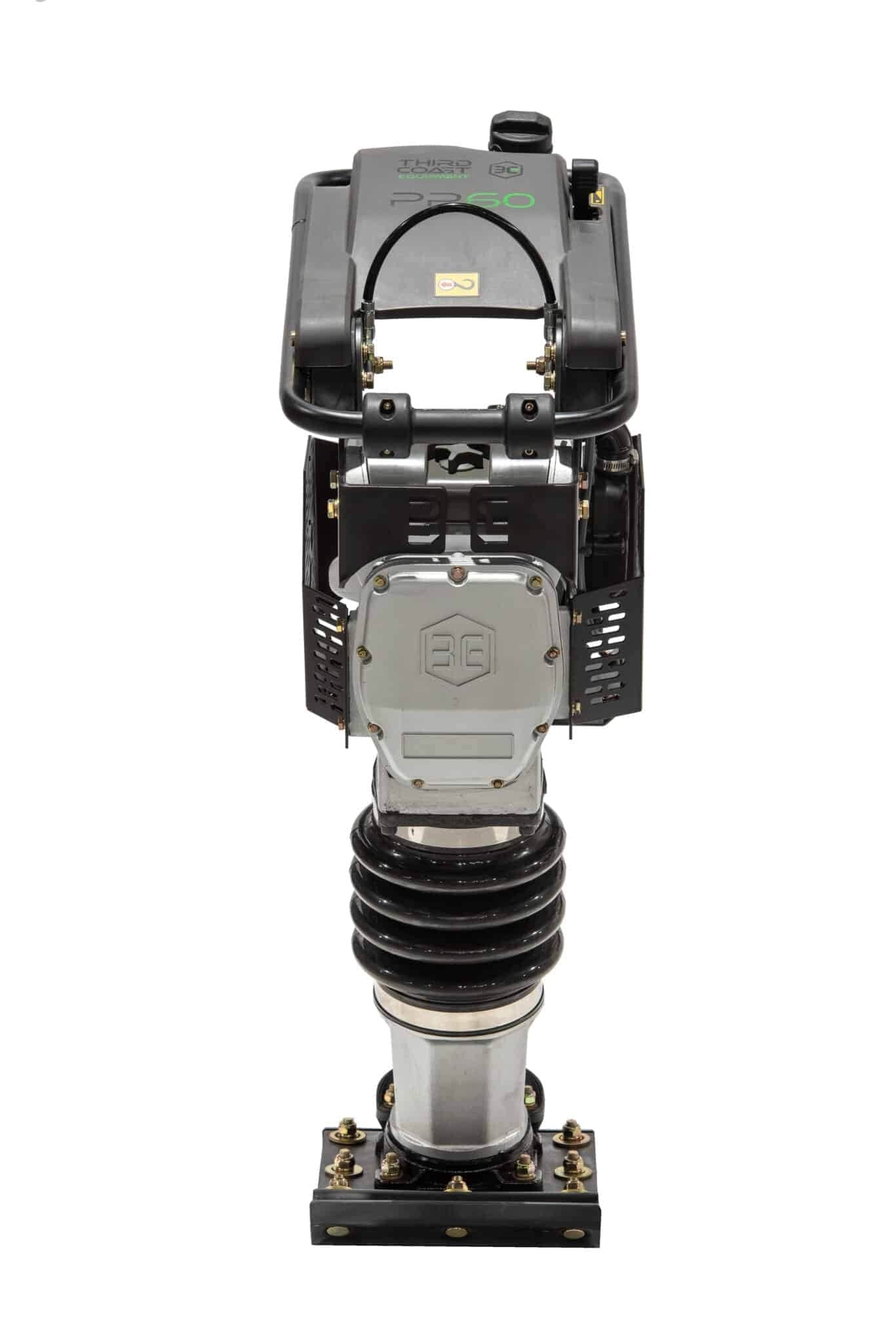 A direct front view of the PR60H jumping jack compactor highlighting the rugged steel engine guarding, ergonomic handle design, and high-durability 11 by 13 inch compaction shoe.
