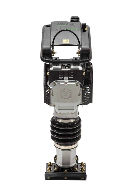 A direct front view of the PR60H jumping jack compactor highlighting the rugged steel engine guarding, ergonomic handle design, and high-durability 11 by 13 inch compaction shoe.