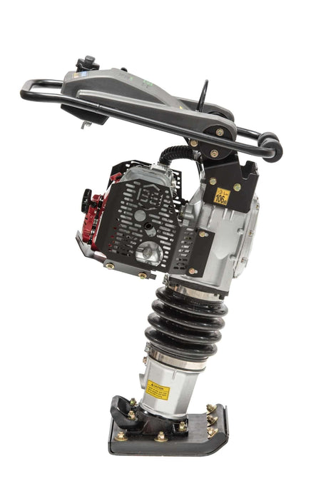 A side profile of the Third Coast Equipment vibratory rammer showcasing the frame-integrated aircraft-grade lifting cable and the robust vertical bellows assembly designed for maximum impact force performance.