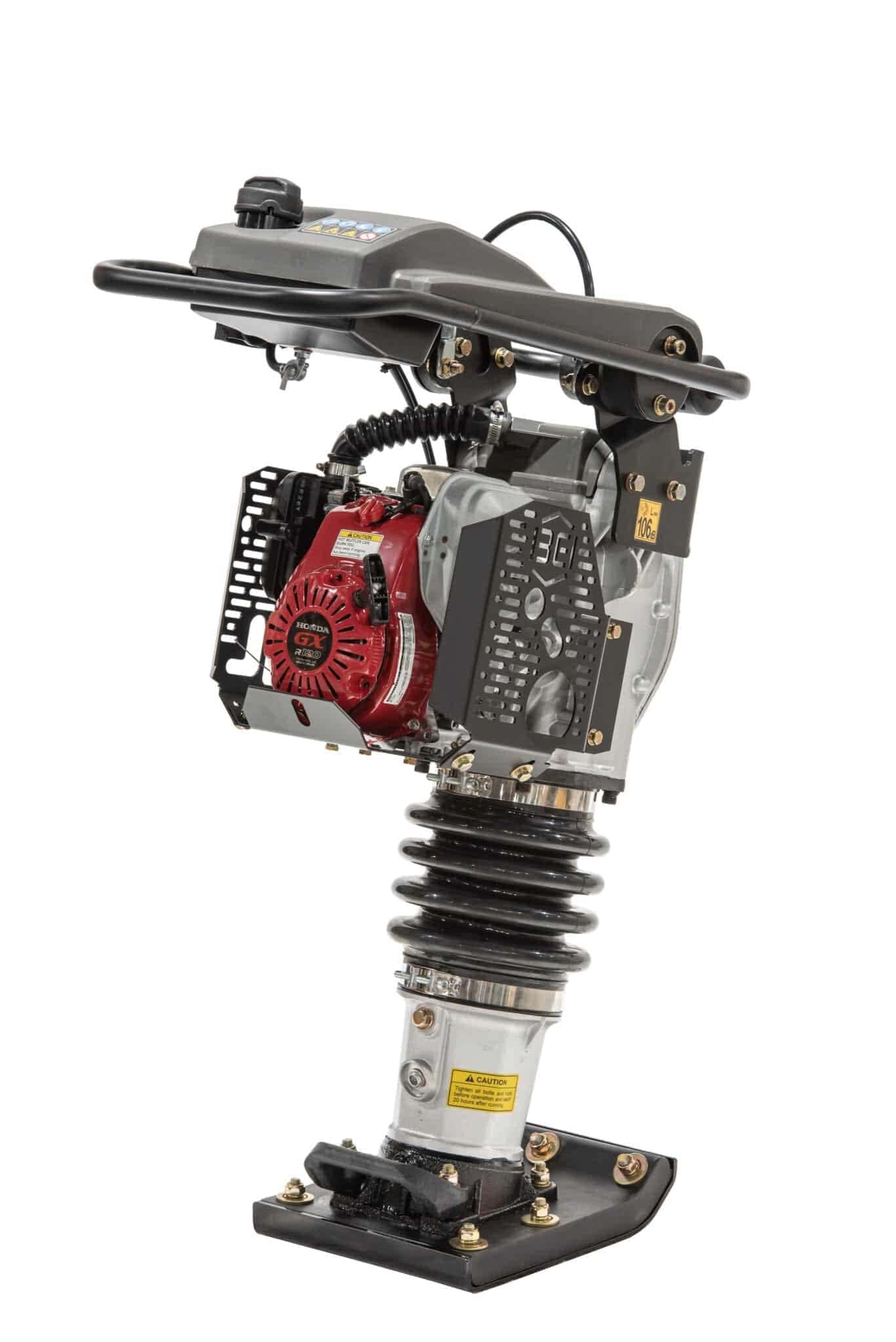 A rear angled view of the PR60H rammer emphasizing the easy-access fuel tank and the specialized Honda GXR120 engine built to withstand continuous high-vibration heavy-duty earthwork applications.