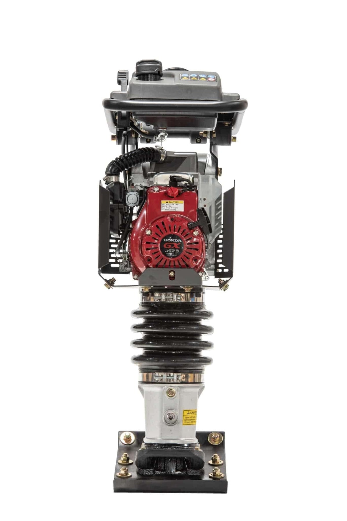 A direct rear view of the jumping jack compactor showing the streamlined balance of the machine and the dual-stage air filtration system used for maximum engine protection in dusty job site conditions.