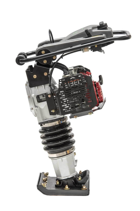 The opposite side profile of the vibratory rammer highlighting the secure vibration isolation mounts and the compact 13.6 inch width optimized for deep trench and confined space soil compaction.
