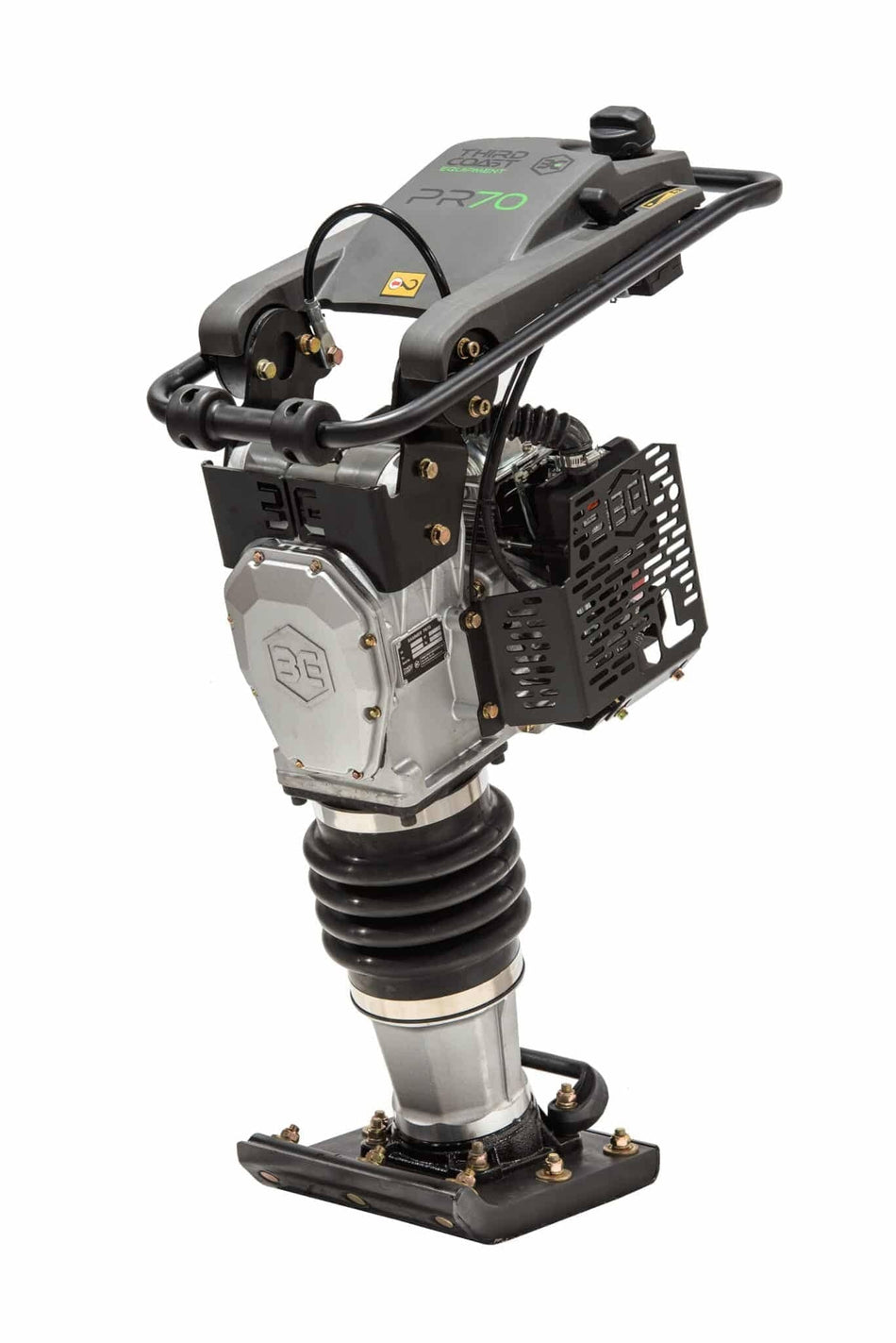 A high-angle studio shot of the Third Coast Equipment PR70H premium vibratory rammer featuring a slim profile, heavy-duty compaction shoe, and a top-mounted Honda GXR120 engine for industrial soil compaction.