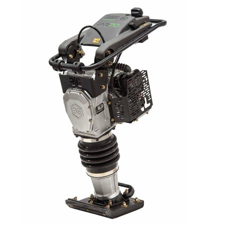 A high-angle studio shot of the Third Coast Equipment PR70H premium vibratory rammer featuring a slim profile, heavy-duty compaction shoe, and a top-mounted Honda GXR120 engine for industrial soil compaction.