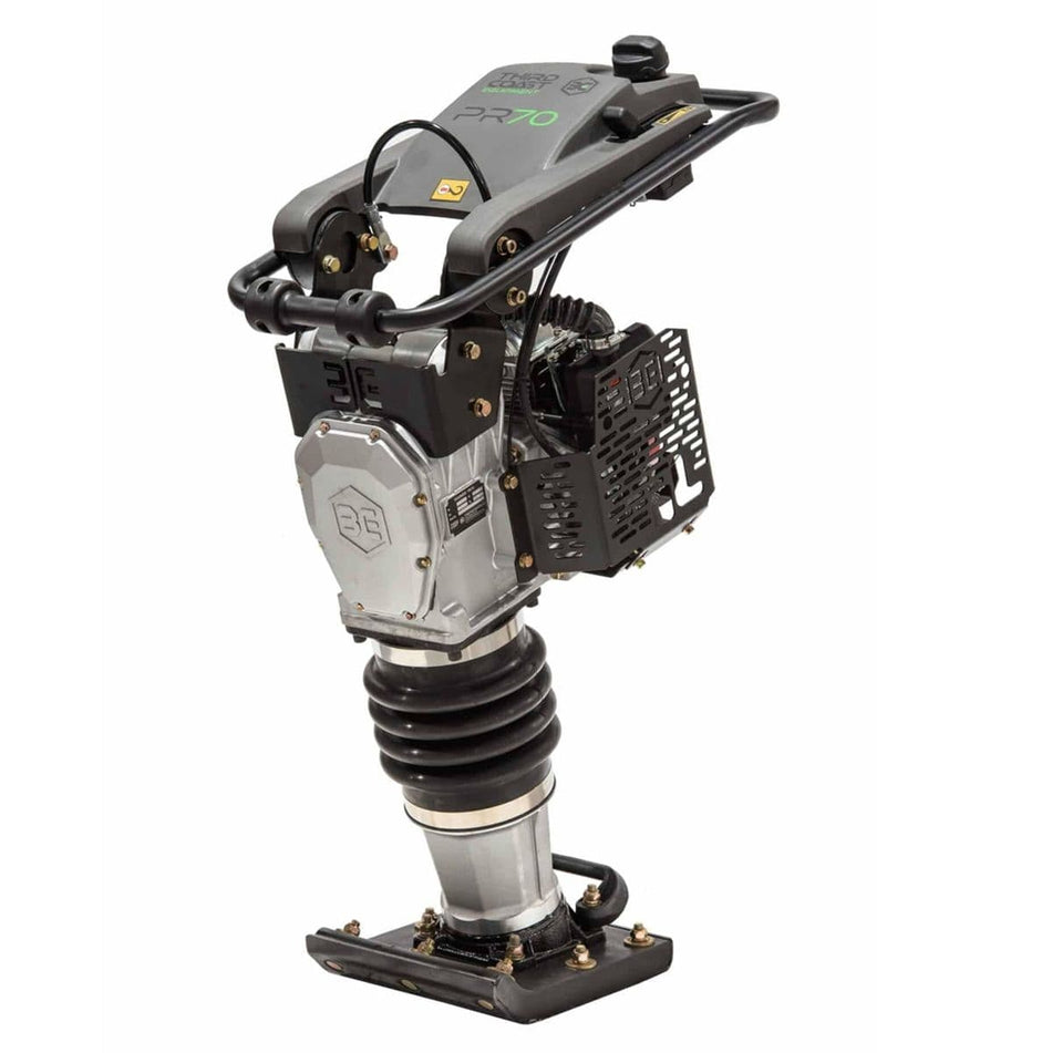 A high-angle studio shot of the Third Coast Equipment PR70H premium vibratory rammer featuring a slim profile, heavy-duty compaction shoe, and a top-mounted Honda GXR120 engine for industrial soil compaction.