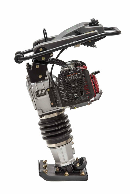A side profile of the Third Coast Equipment vibratory rammer showcasing the frame-integrated aircraft-grade lifting cable and the robust vertical bellows assembly designed for maximum impact force performance.