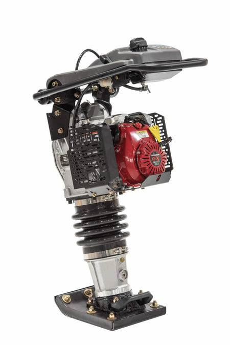 A rear angled view of the PR70H rammer emphasizing the easy-access fuel tank and the specialized Honda GXR120 engine built to withstand continuous high-vibration heavy-duty earthwork applications.