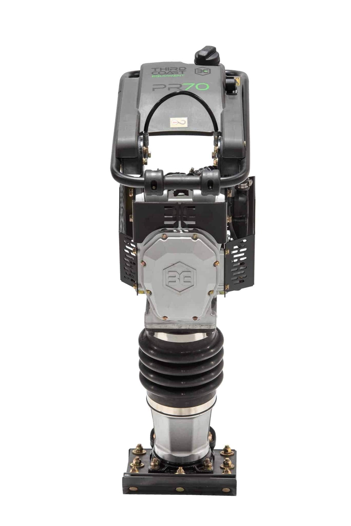 A direct front view of the PR70H jumping jack compactor highlighting the rugged steel engine guarding, ergonomic handle design, and high-durability compaction shoe.
