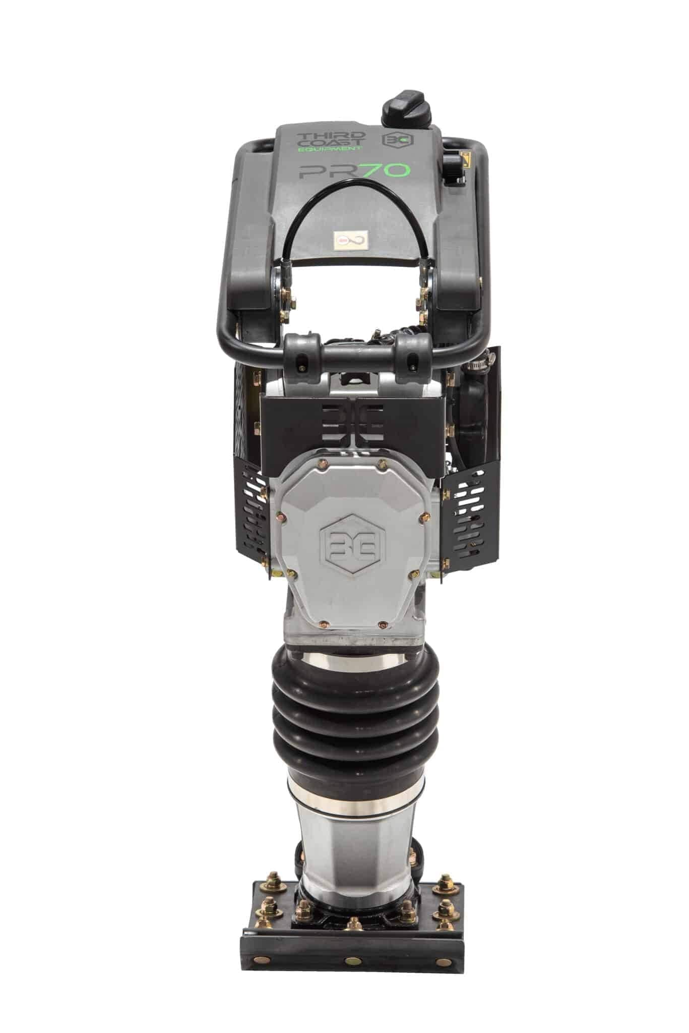 A direct front view of the PR70H jumping jack compactor highlighting the rugged steel engine guarding, ergonomic handle design, and high-durability compaction shoe.