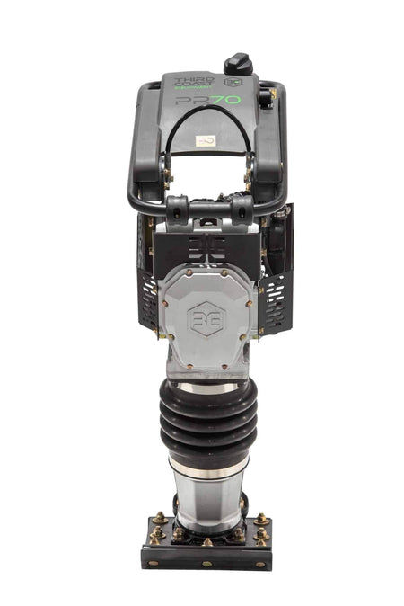 A direct front view of the PR70H jumping jack compactor highlighting the rugged steel engine guarding, ergonomic handle design, and high-durability compaction shoe.