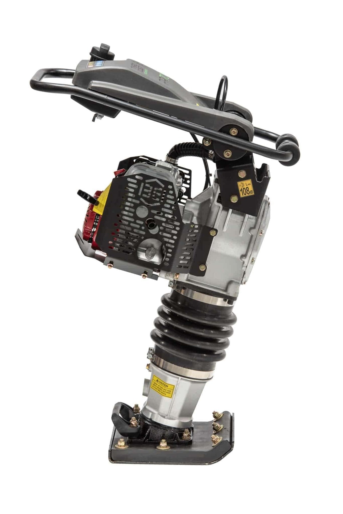 The opposite side profile of the vibratory rammer highlighting the secure vibration isolation mounts and the compact 13.6 inch width optimized for deep trench and confined space soil compaction.