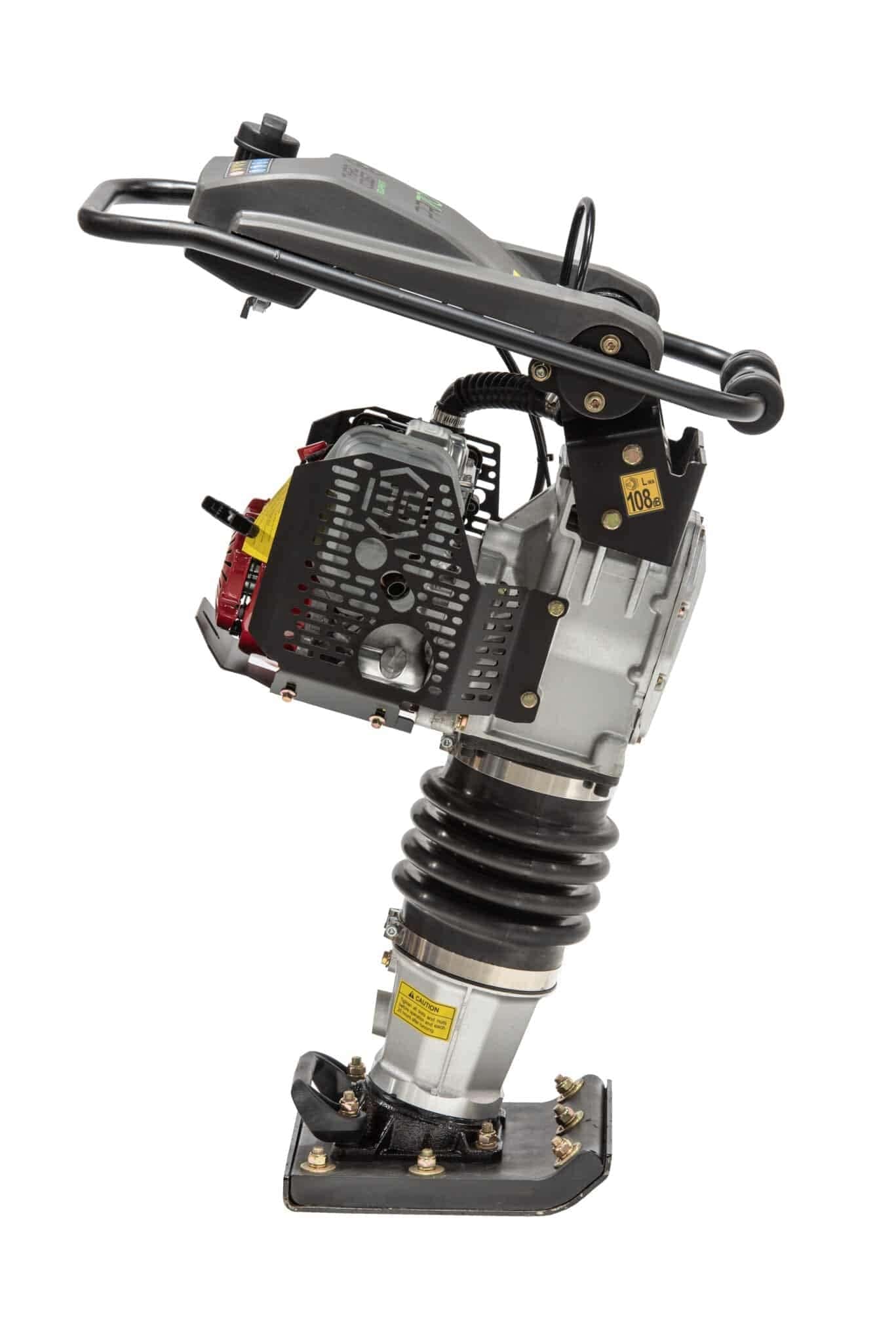 The opposite side profile of the vibratory rammer highlighting the secure vibration isolation mounts and the compact 13.6 inch width optimized for deep trench and confined space soil compaction.
